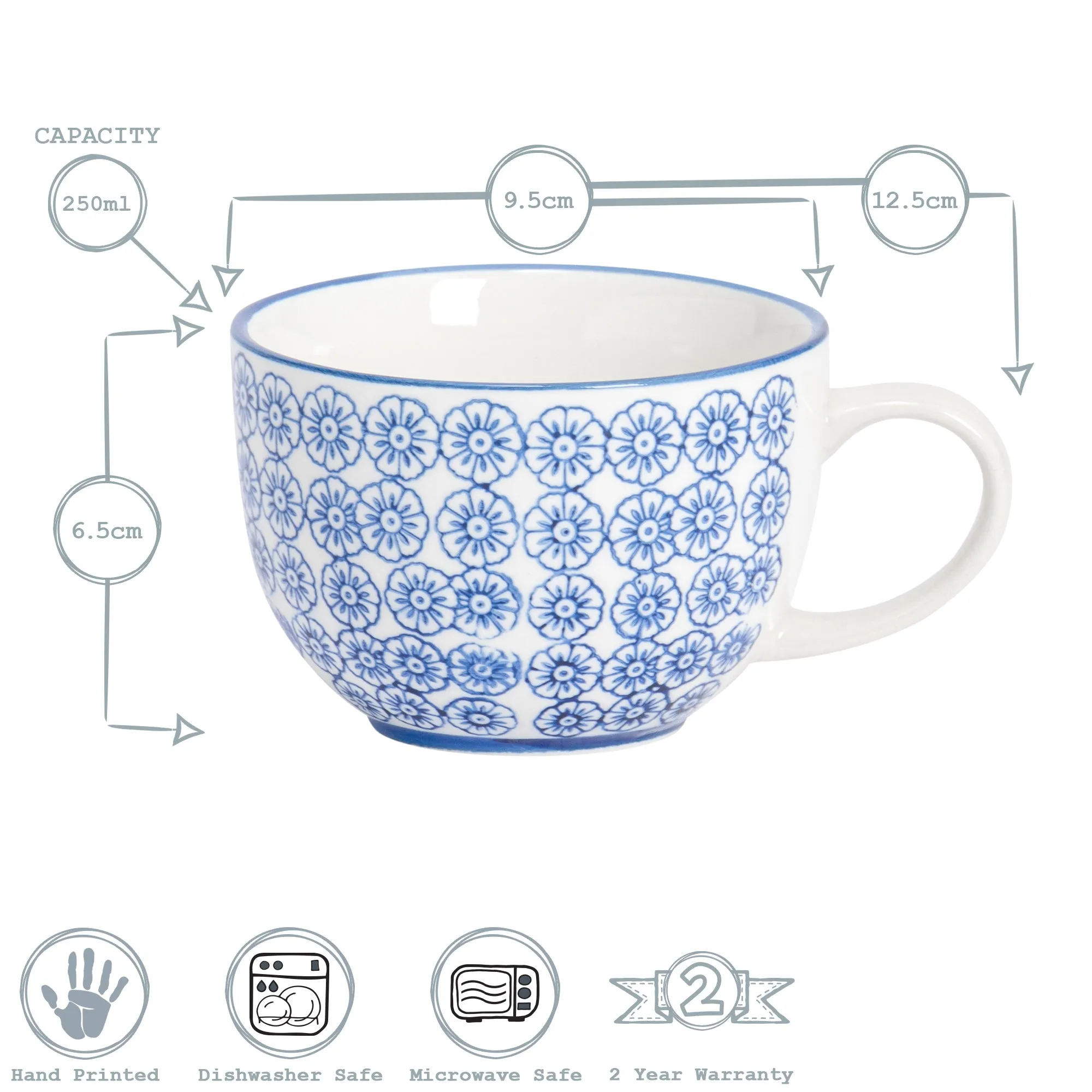 250ml Hand Printed Cappuccino & Tea Cups - Pack of Six - By Nicola Spring