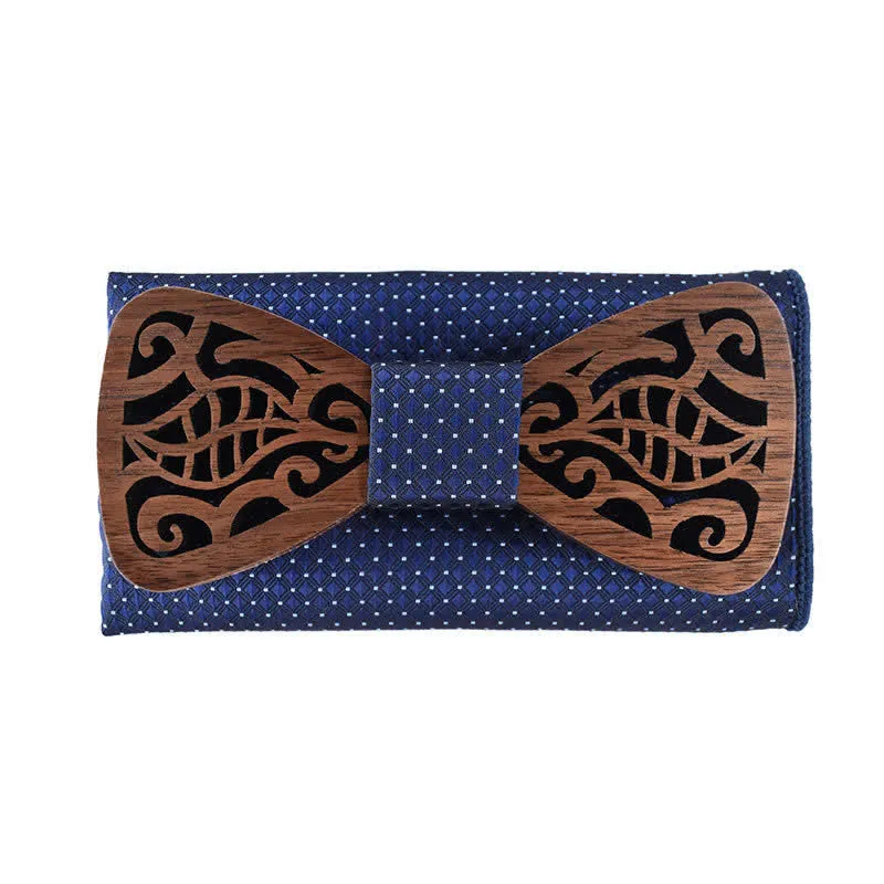 2Pcs Men's Openwork Carved Leaves Wooden Bow Tie Set