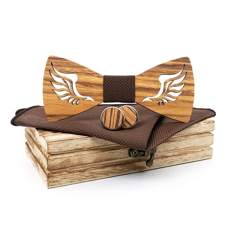 3Pcs Men's Hollow Angle Wings Wooden Bow Tie Set