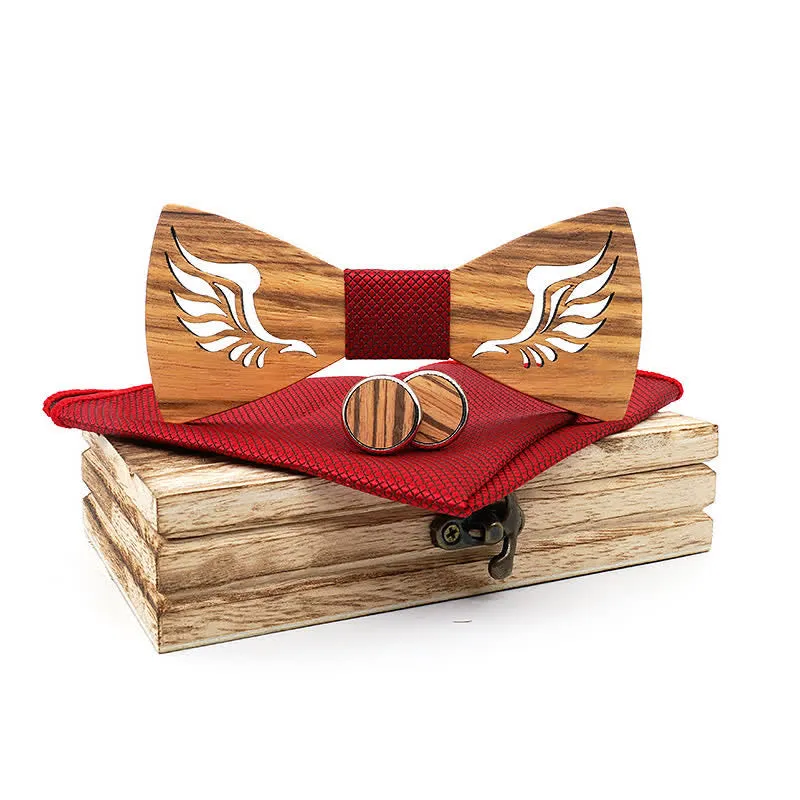 3Pcs Men's Hollow Angle Wings Wooden Bow Tie Set