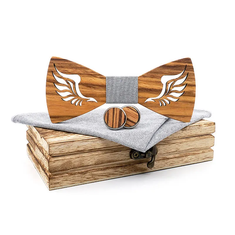 3Pcs Men's Hollow Angle Wings Wooden Bow Tie Set