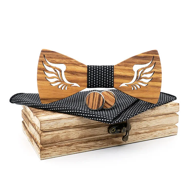 3Pcs Men's Hollow Angle Wings Wooden Bow Tie Set