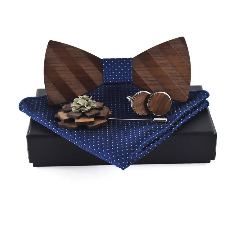 4Pcs Men's Formal Striped Pattern Wooden Bow Tie Set