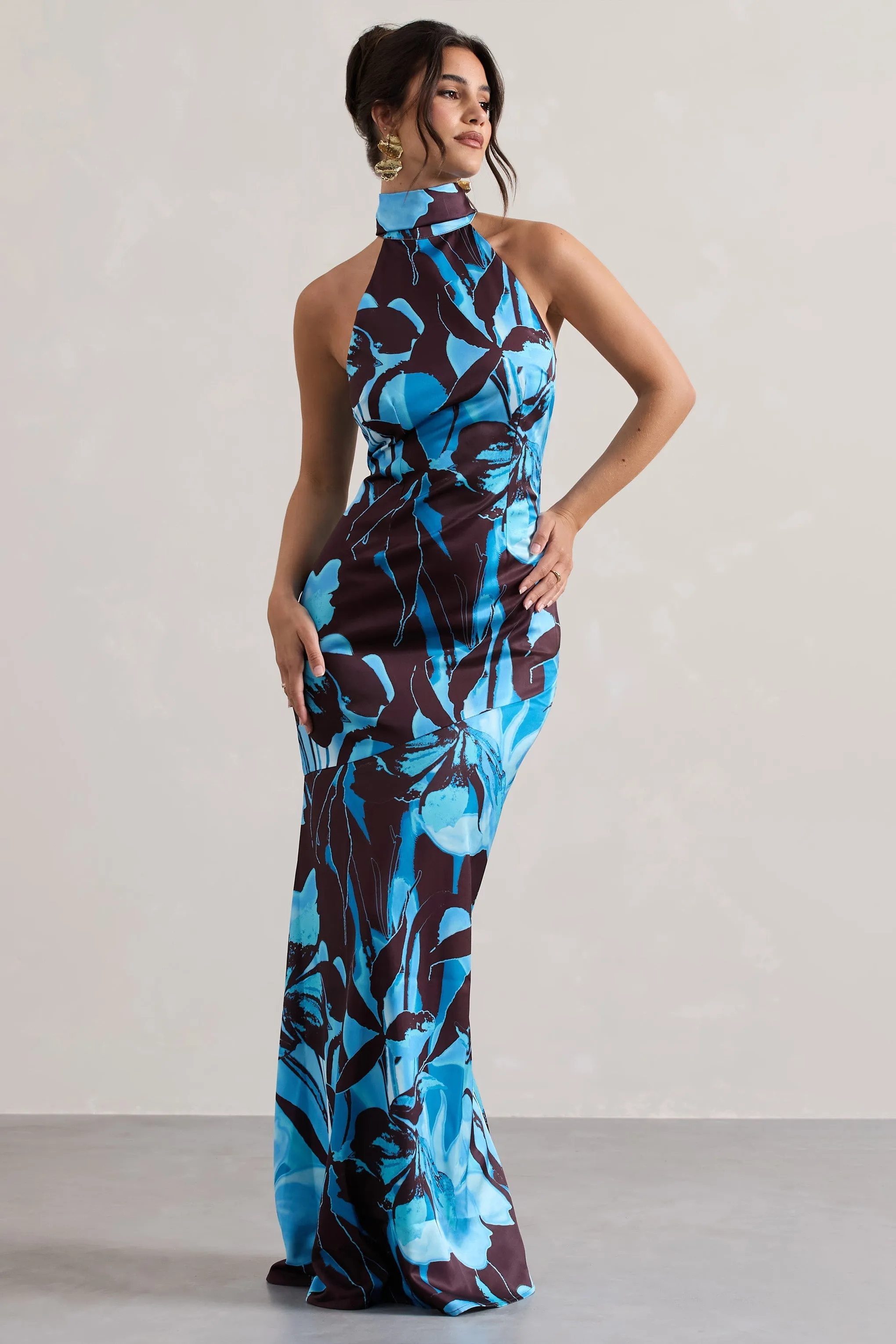 Adoria | Floral Print Satin High-Neck Maxi Dress