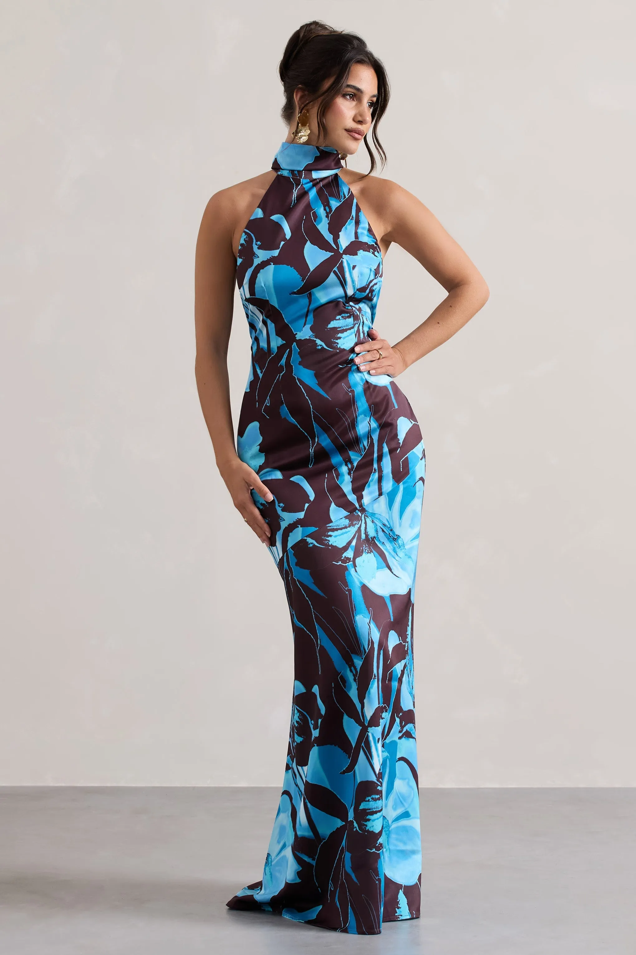 Adoria | Floral Print Satin High-Neck Maxi Dress