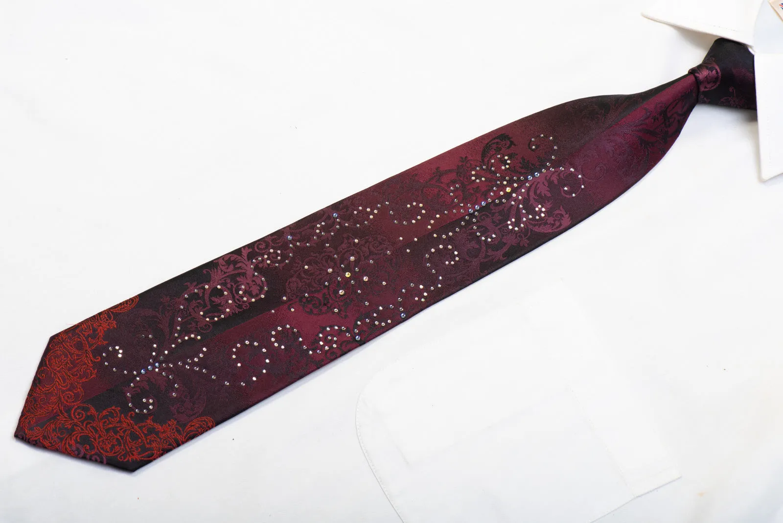 Andre Kim Rhinestone Silk Tie Damask On Burgundy Black