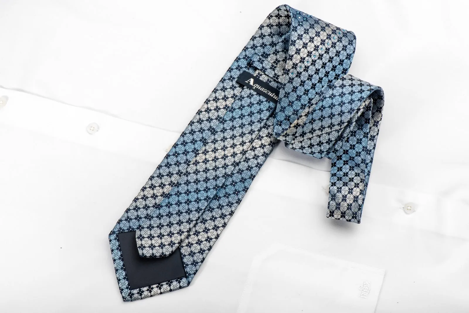 Aquascutum Mens Rhinestone Tie Foulard On Blue With Silver Sparkles