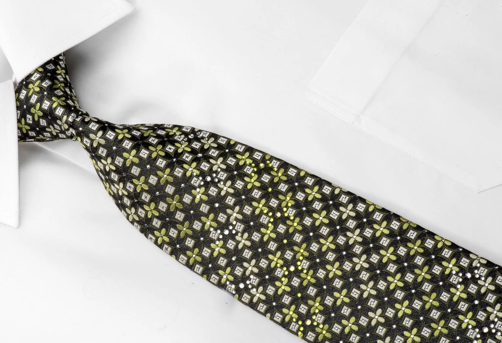 Arnold Palmer Men's Silk Rhinestone Tie Green Foulard On Black With Silver Sparkles