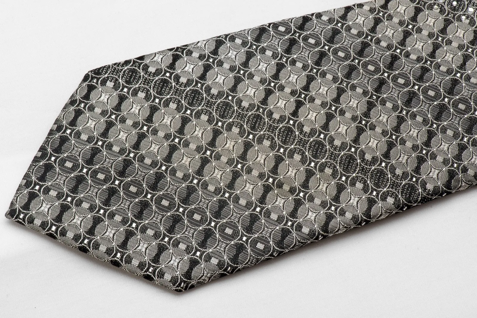 Arpeggio Men's Silk Rhinestone Tie Geometric Silver Circles On Black With Sparkles