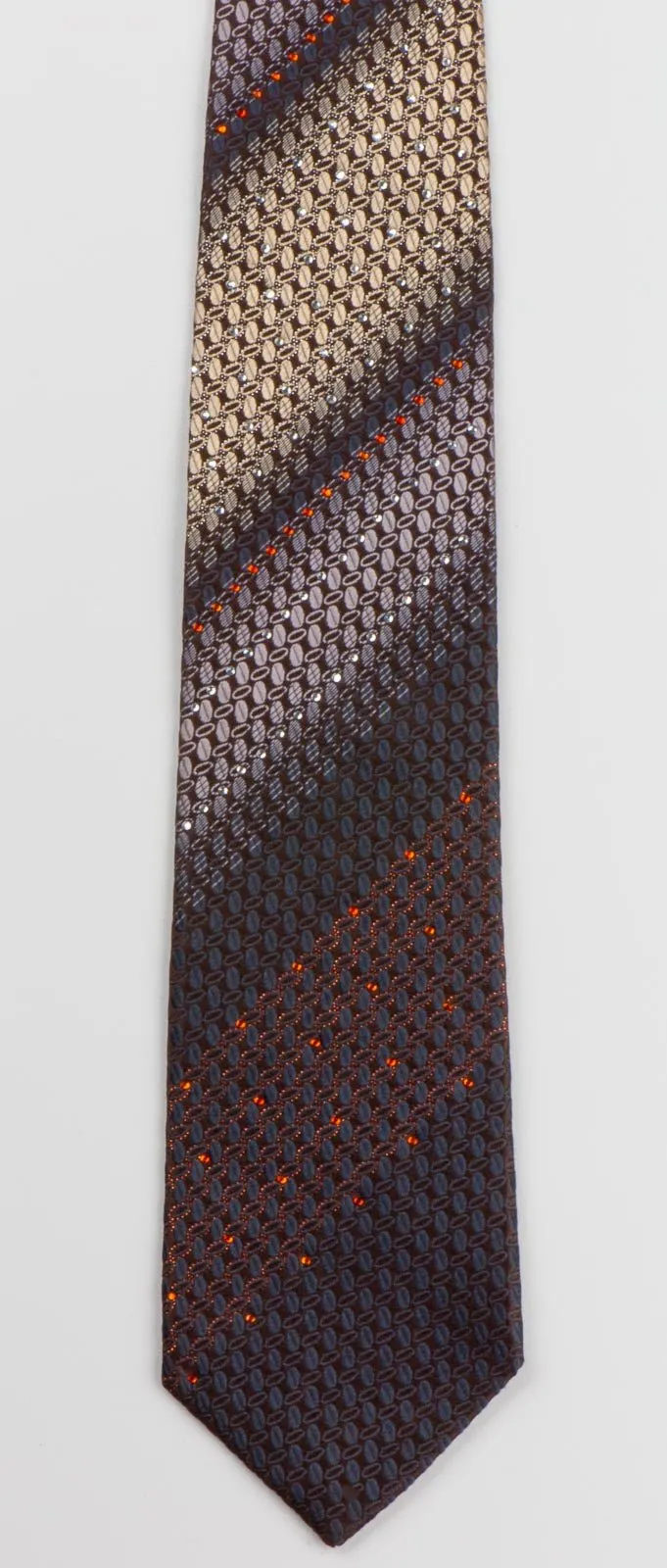 Austin Reed Men's Silk Rhinestone Tie Elegant Oval Pattern On Brown With Copper Sparkles