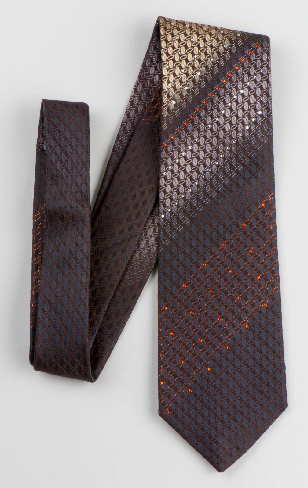 Austin Reed Men's Silk Rhinestone Tie Elegant Oval Pattern On Brown With Copper Sparkles