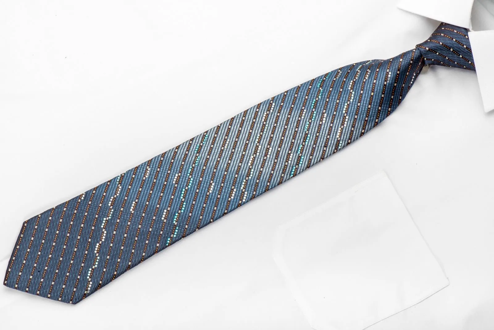 Avalon Men's Rhinestone Tie Brown Striped On Blue With Gold Sparkles