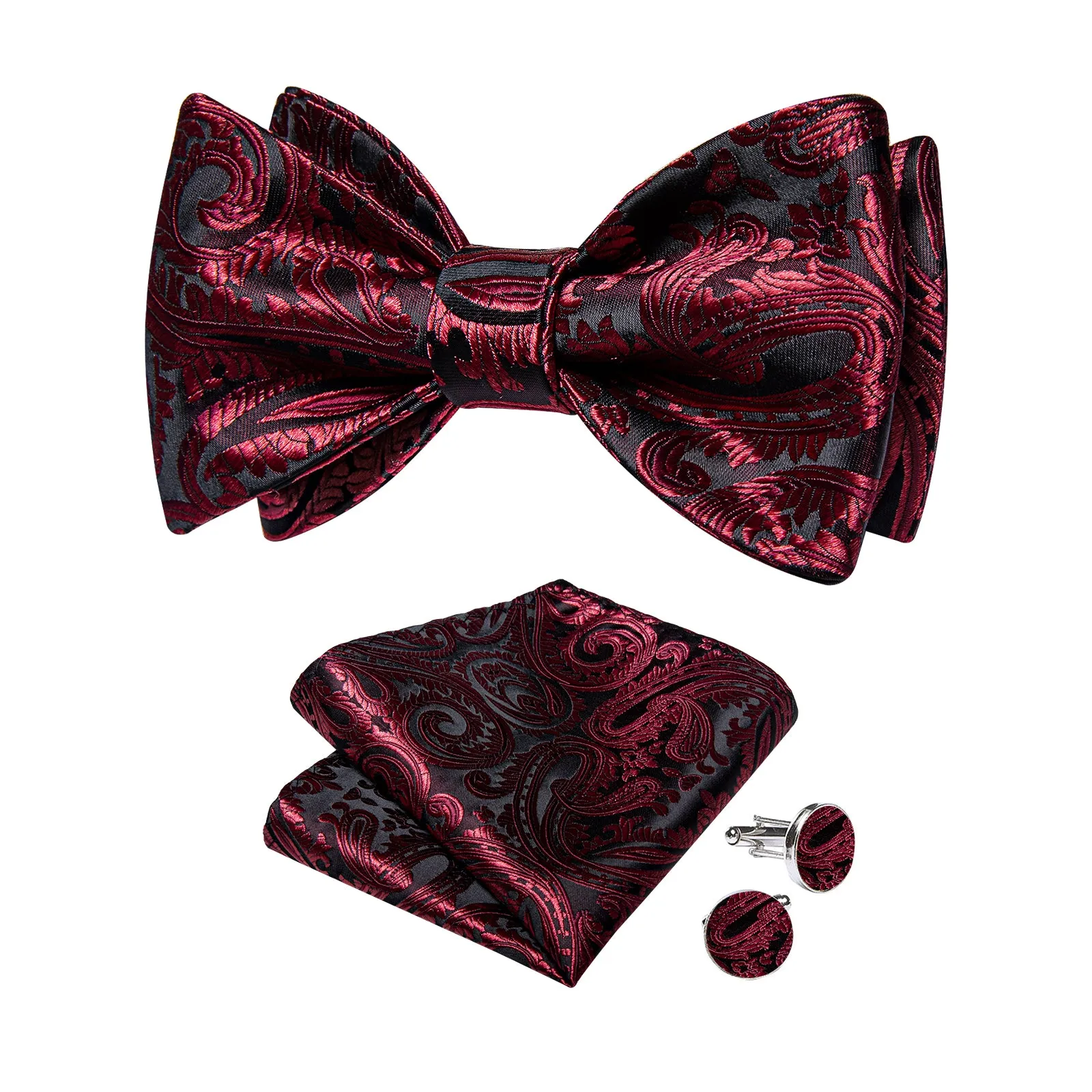 Black Claret Floral Self-Bowtie Pocket Square Cufflinks Set