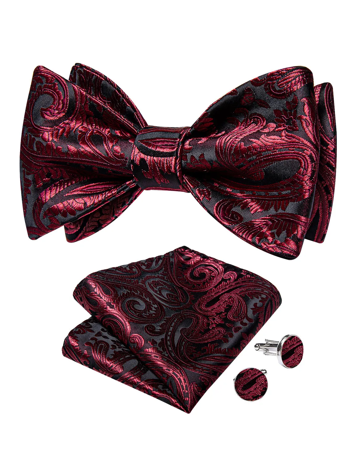 Black Claret Floral Self-Bowtie Pocket Square Cufflinks Set