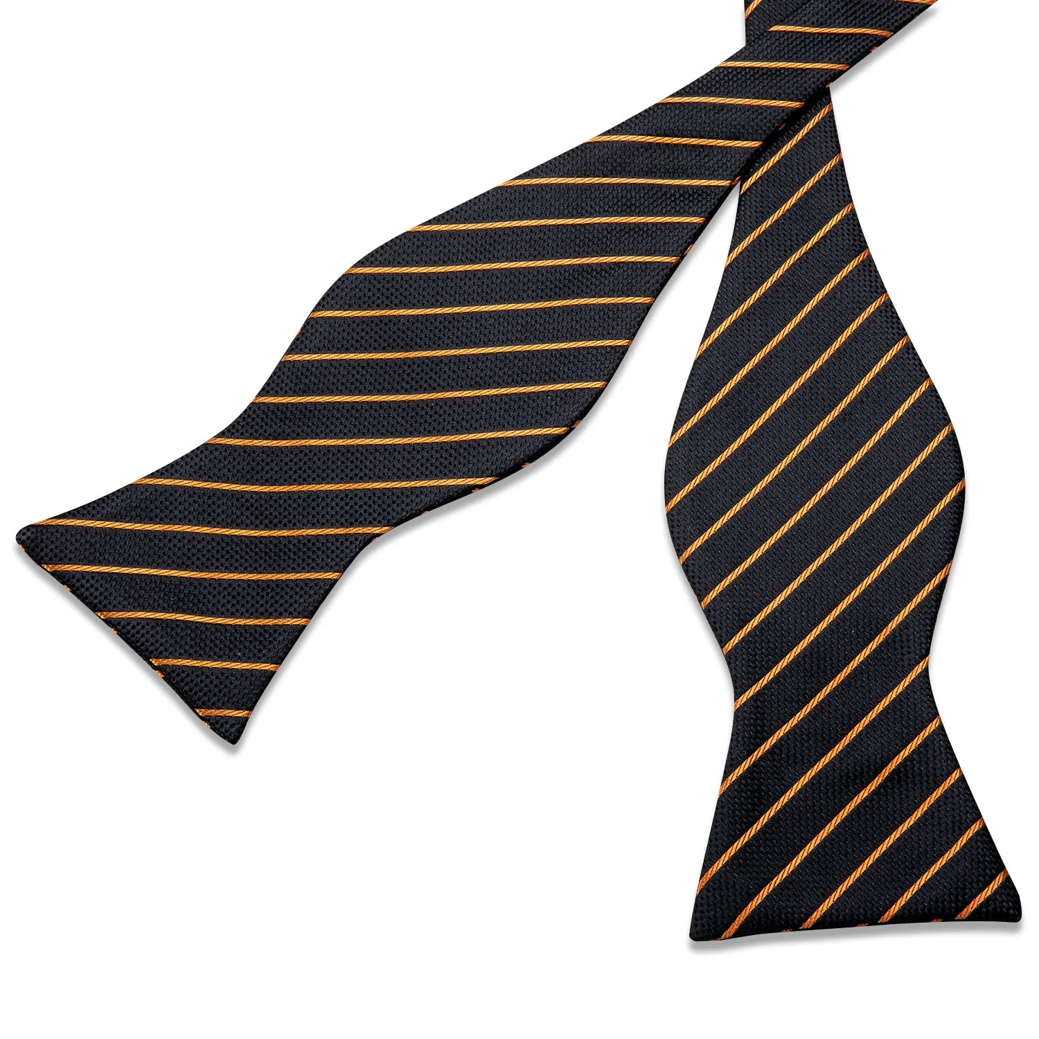 Black Golden Striped Silk Self-Bowtie Pocket Square Cufflinks Set