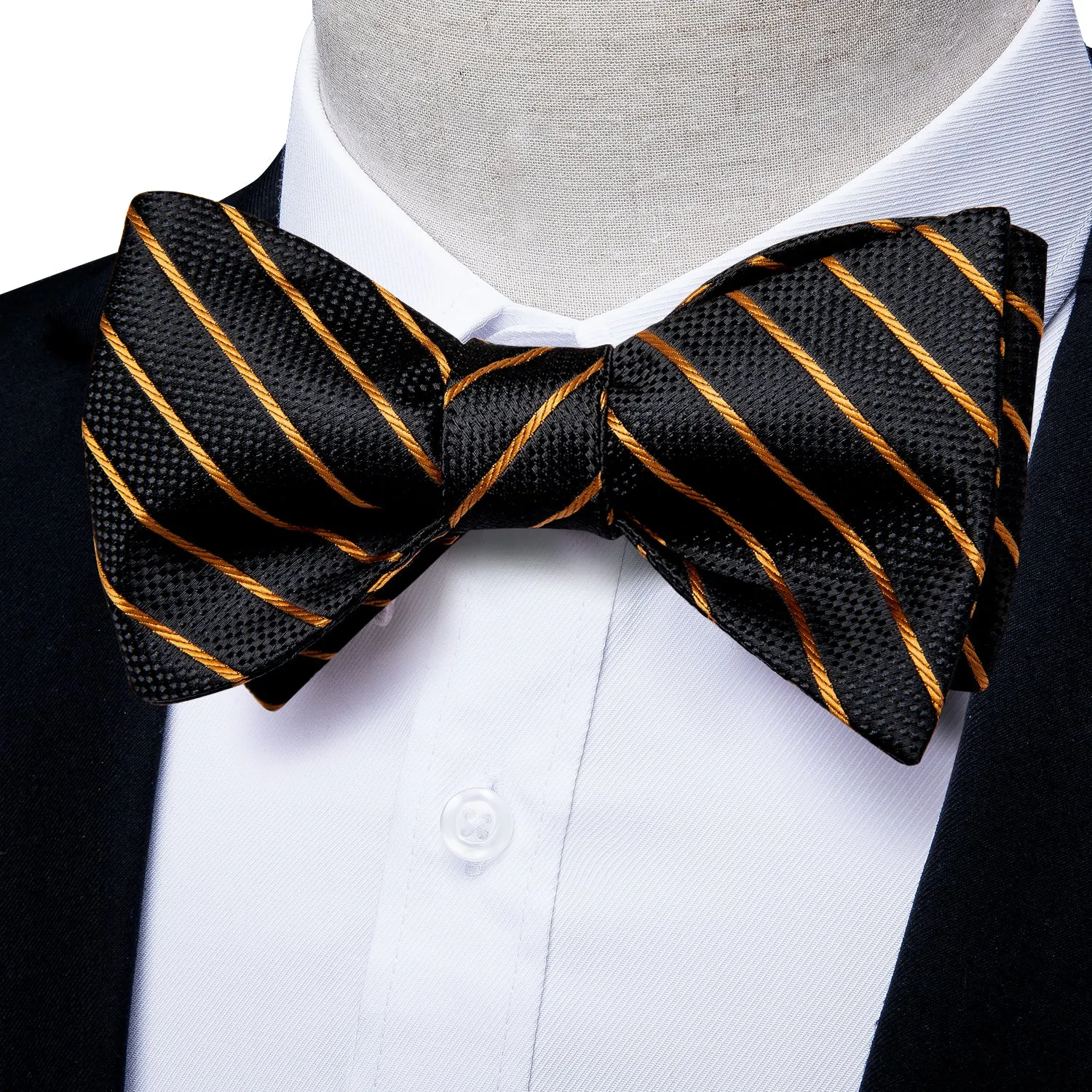 Black Golden Striped Silk Self-Bowtie Pocket Square Cufflinks Set