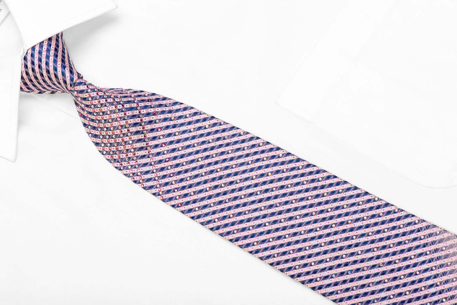 Blue Pink Geometric Striped Rhinestone Silk Necktie With Pink Sparkles