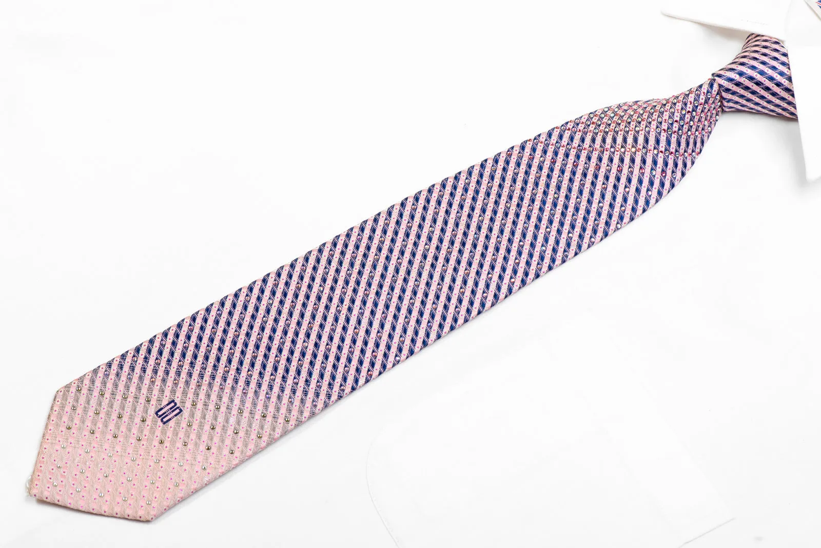 Blue Pink Geometric Striped Rhinestone Silk Necktie With Pink Sparkles