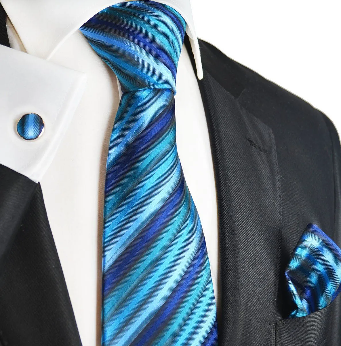 Blue Sapphire Striped Silk Tie Set by Paul Malone