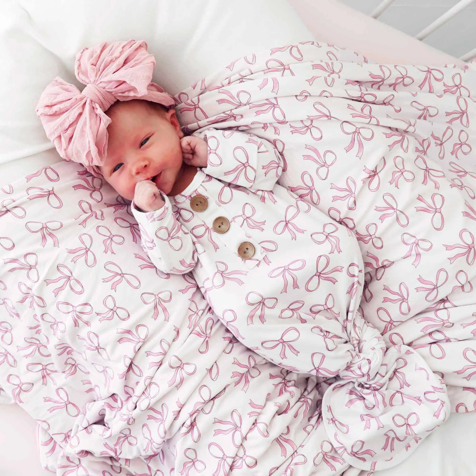 Blushing Bows Newborn Baby Knot Gown & Hat Set