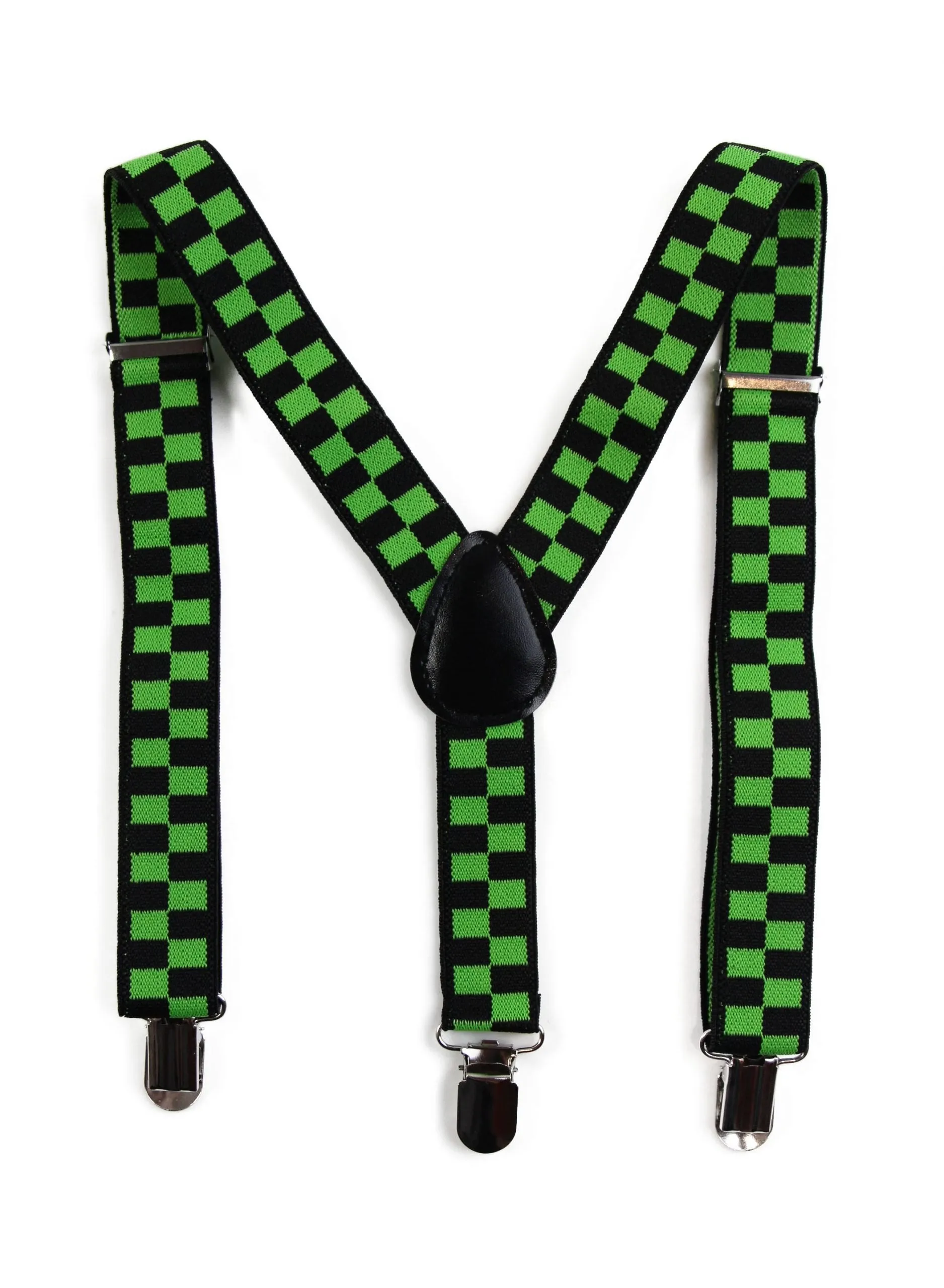 Boys Adjustable Green & Black Checkered Patterned Suspenders