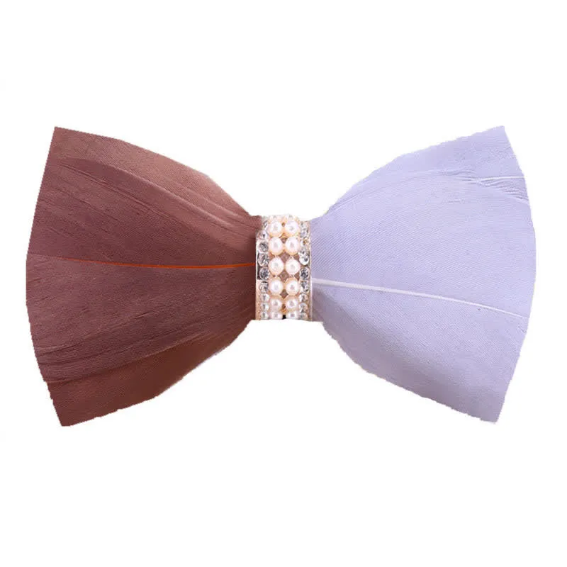 Brown & White Shiny Pearl Feather Bow Tie with Lapel Pin