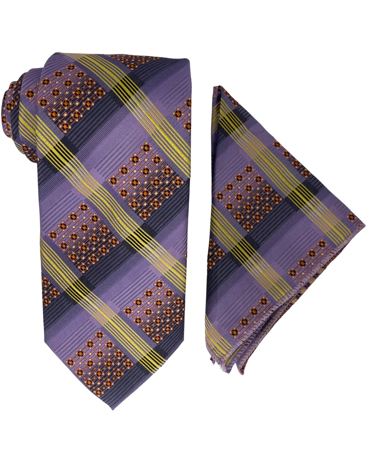 Bruno Conte Geometric Tie and Handkerchief - Lavender & Yellow