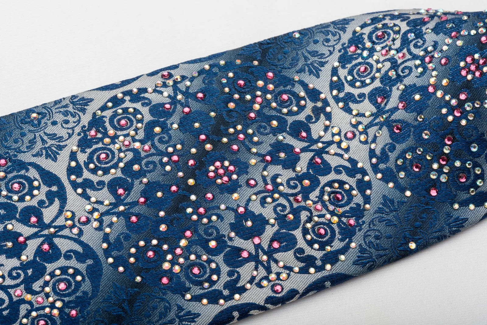 Cabrini Silk Tie Gorgeous Cartouche Damask On Blue With Rhinestones