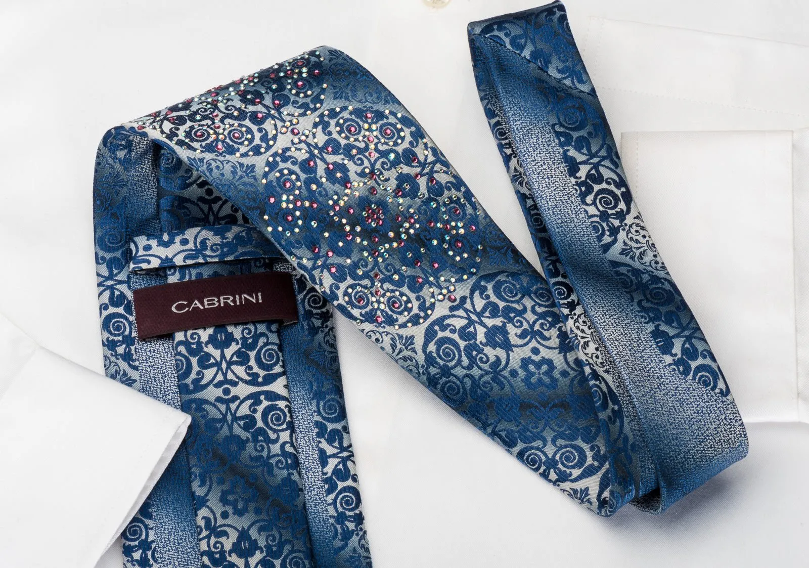 Cabrini Silk Tie Gorgeous Cartouche Damask On Blue With Rhinestones