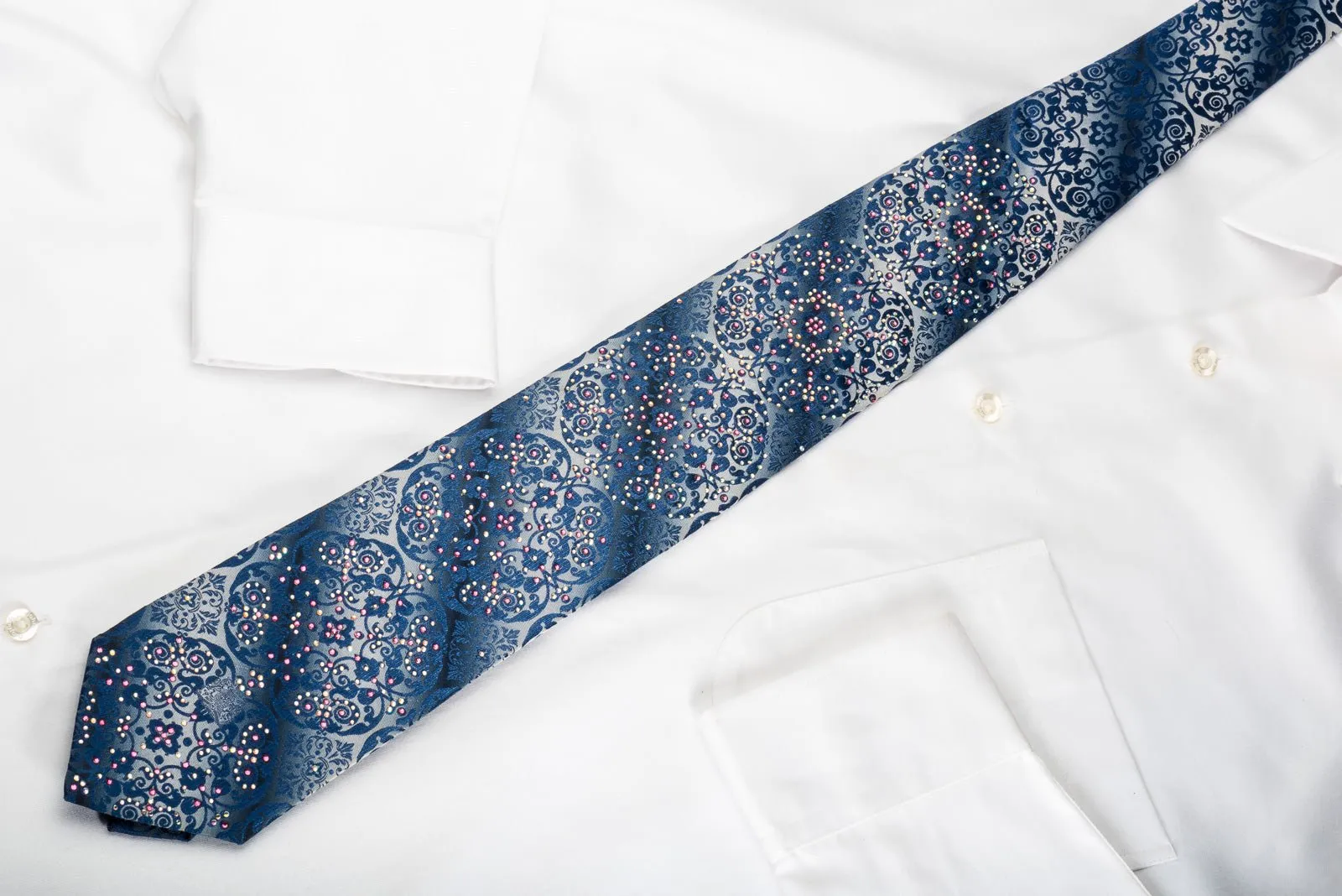 Cabrini Silk Tie Gorgeous Cartouche Damask On Blue With Rhinestones