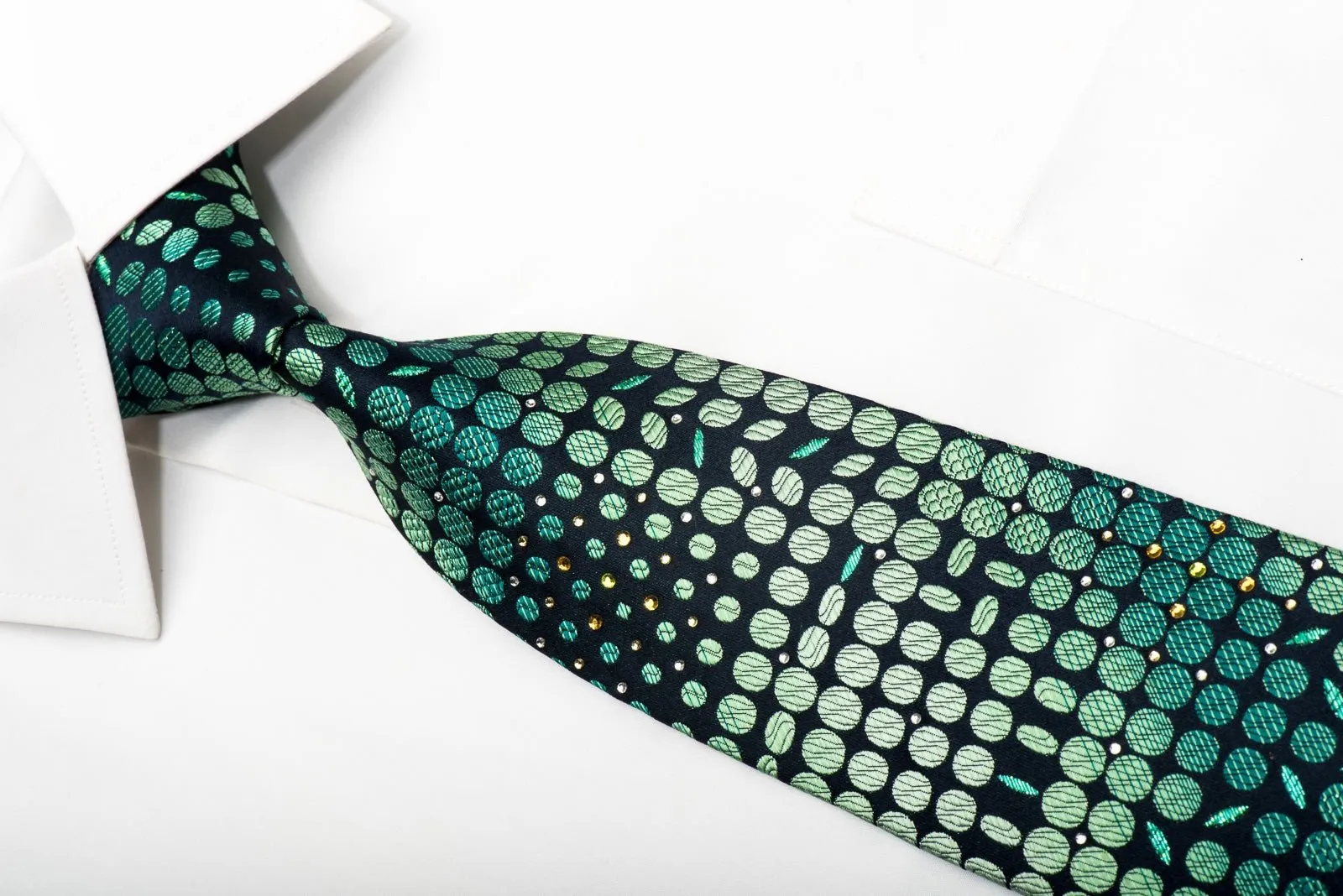 Charles Jourdan Men's Silk Tie Ovals On Dark Green Sparkling With Rhinestones