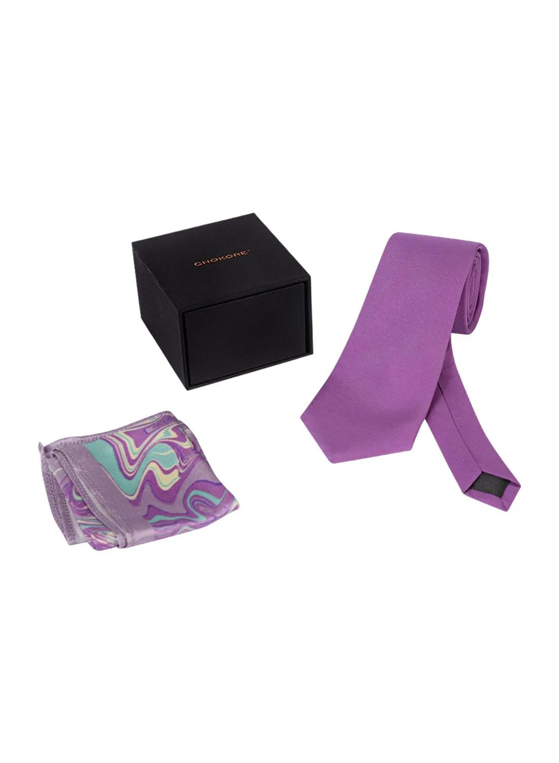 Chokore Deep Purple color Silk Tie & Purple Silk Pocket Square set