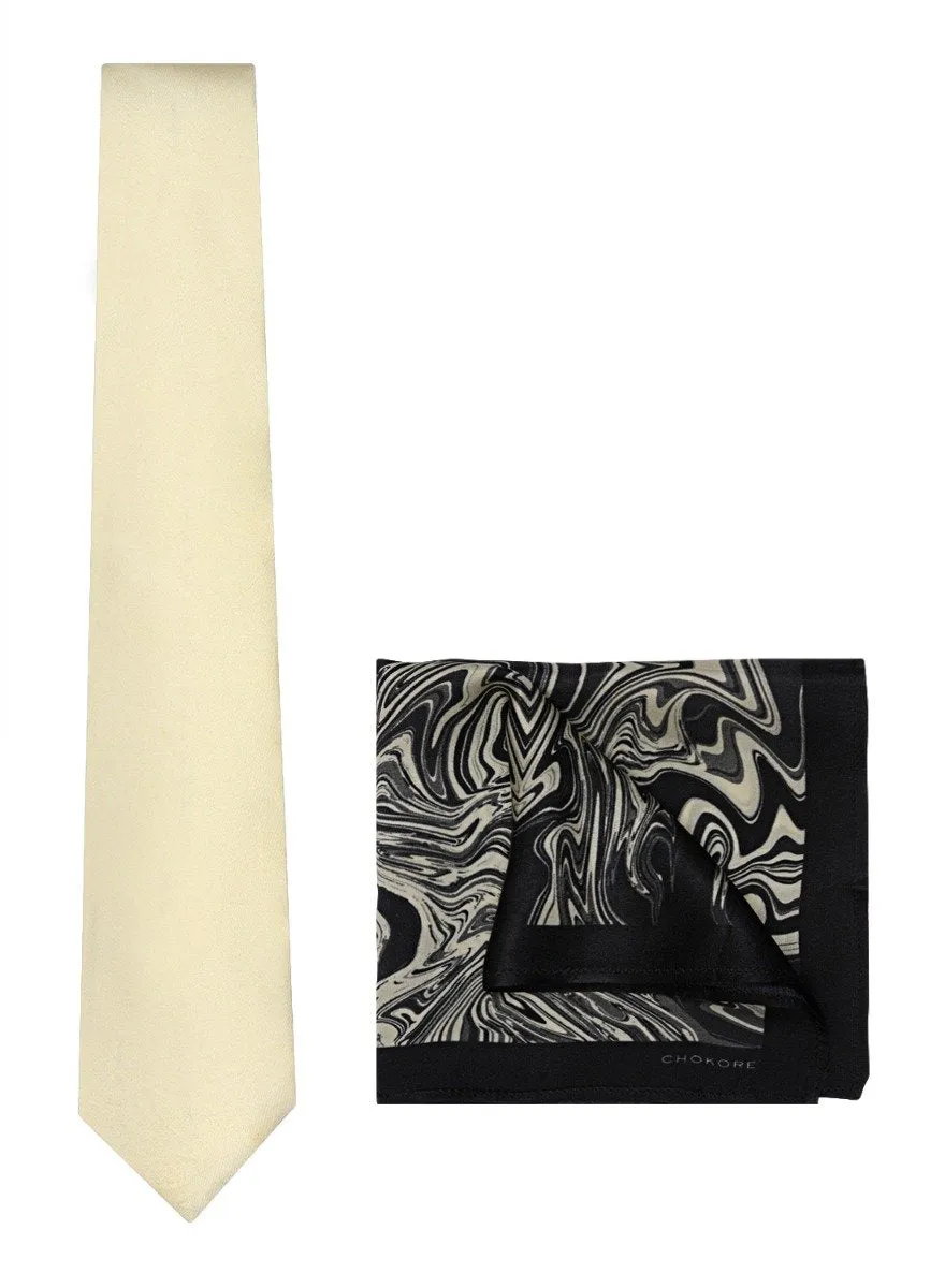 Chokore Off White color Plain Silk Tie & Off White and Black color silk pocket square set