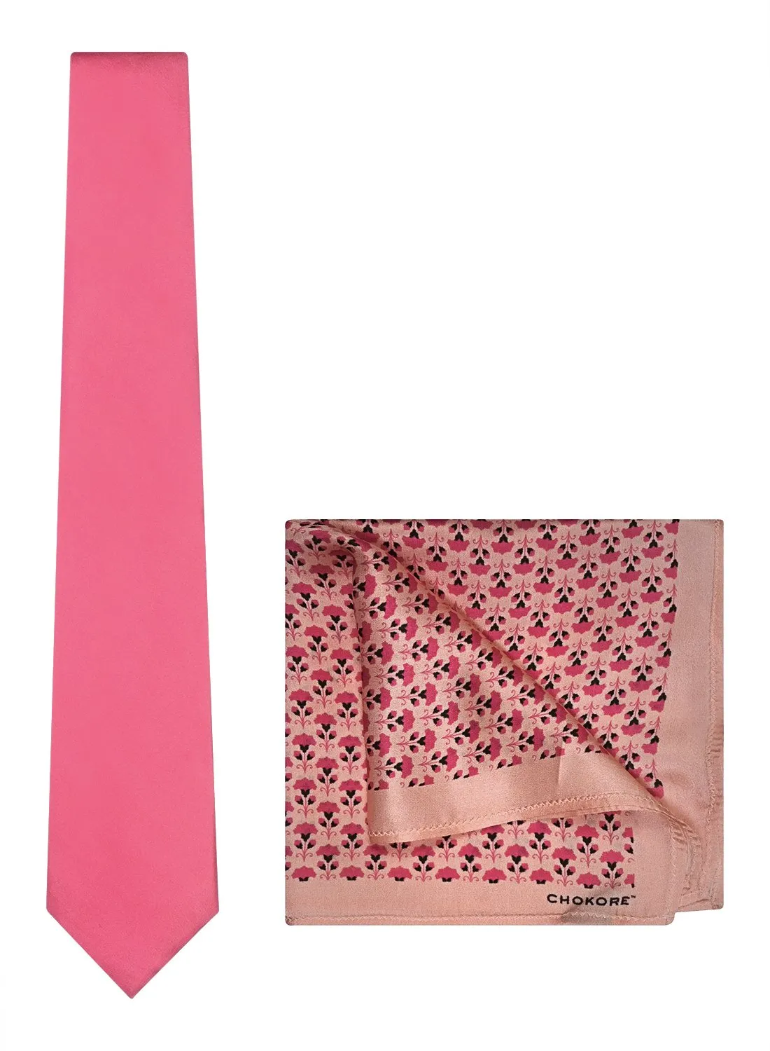 Chokore Pink color Plain Silk Tie & Pink color floral print silk pocket square set