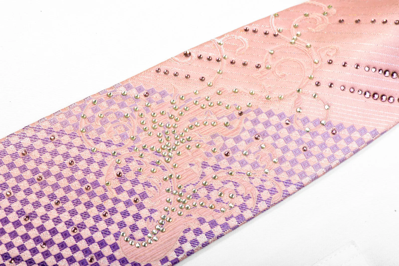 Christian Aujard Rhinestone Silk Tie Purple Checkered Scrolls On Pink