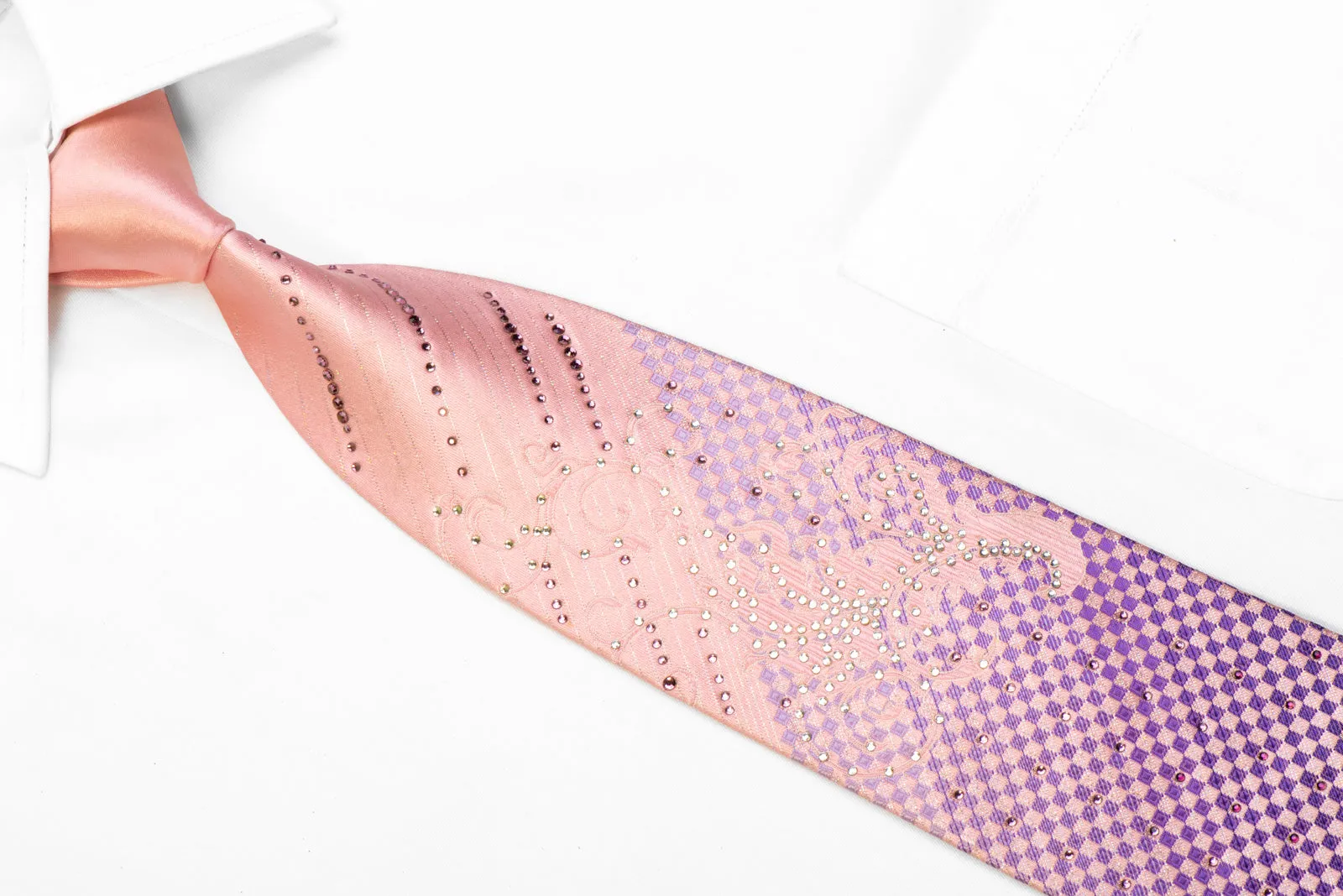 Christian Aujard Rhinestone Silk Tie Purple Checkered Scrolls On Pink