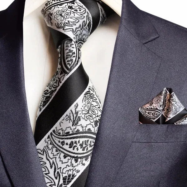 Classy Men Black Striped Silk Paisley Tie