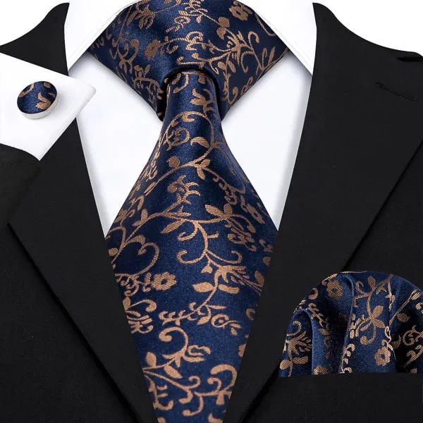 Classy Men Dark Blue Brown Floral Silk Tie