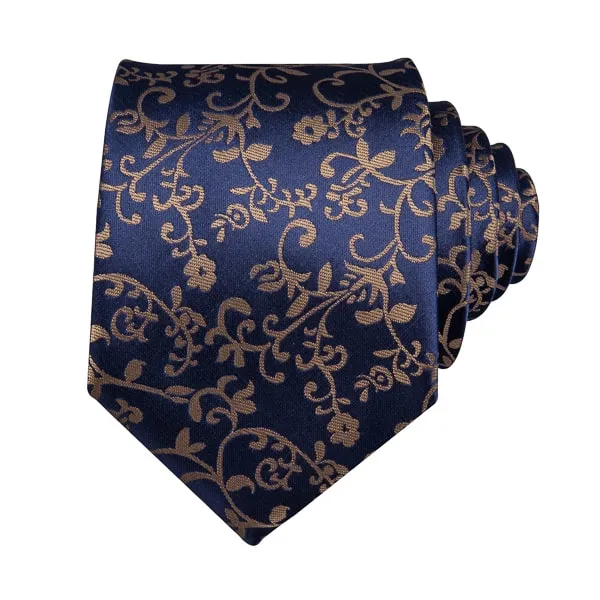 Classy Men Dark Blue Brown Floral Silk Tie