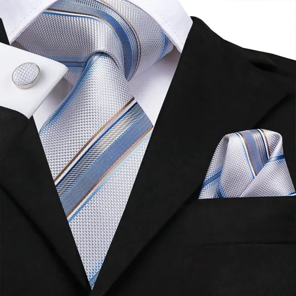 Classy Men Light Blue Metallic Striped Silk Tie