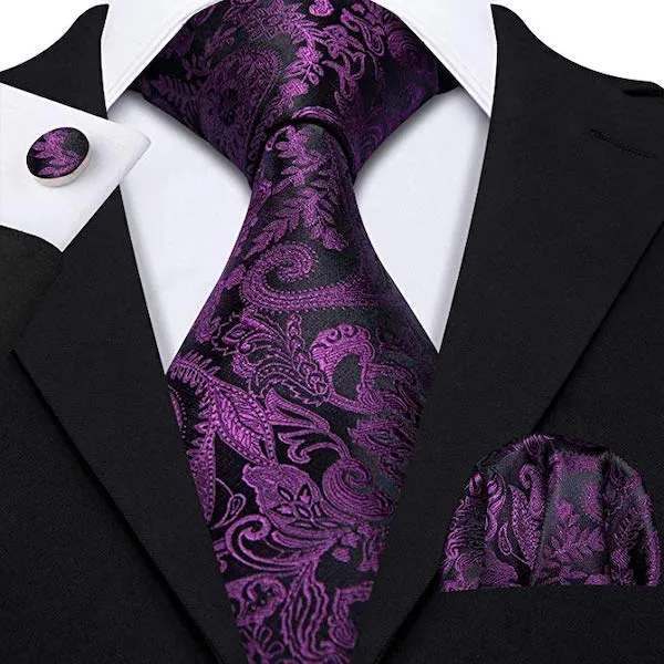 Classy Men Purple Black Paisley Silk Tie