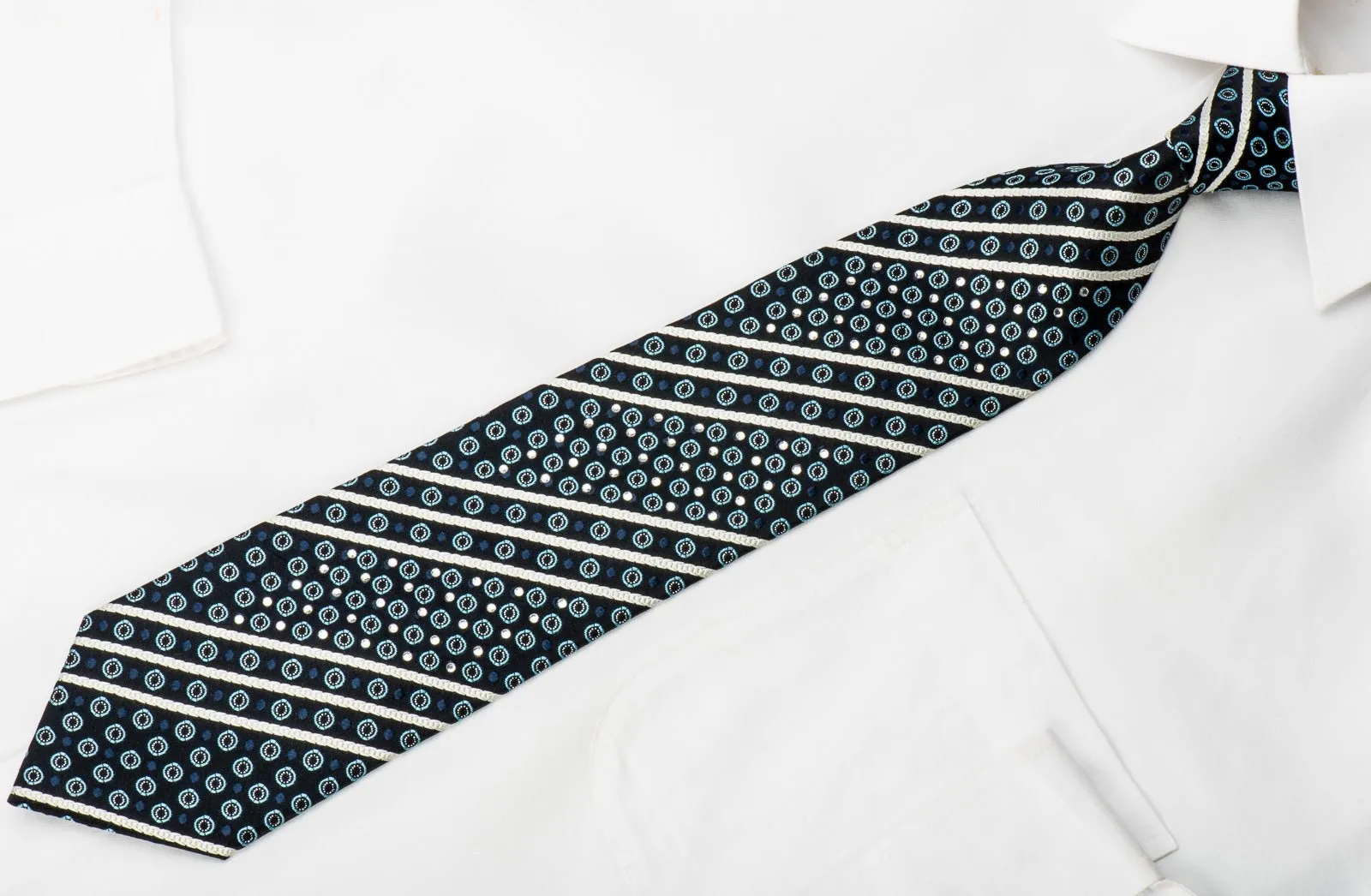 Crocodile Rhinestone Tie Stripes & Dots On Blue With Sparkles