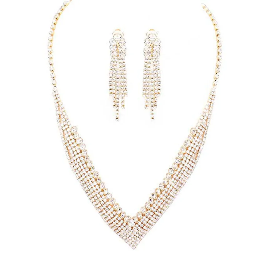 Crystal Rhinestone Pave Collar Necklace Clip on Earring Set