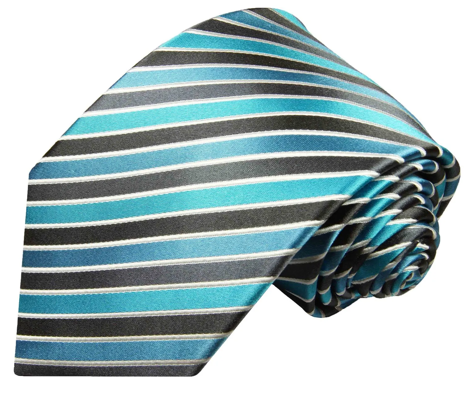 Cyan Blue and Black Striped Silk Tie Set