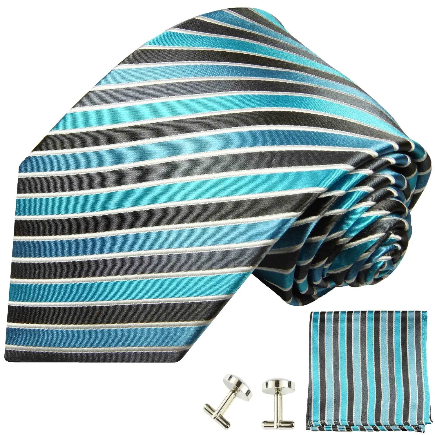 Cyan Blue and Black Striped Silk Tie Set