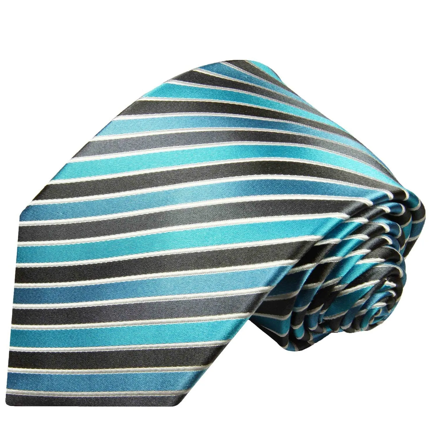 Cyan Blue and Black Striped Silk Tie Set