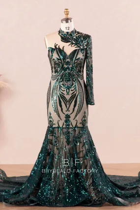 Dark Green Unique Asymmetric Sparkly Sequin Mermaid Prom Dress