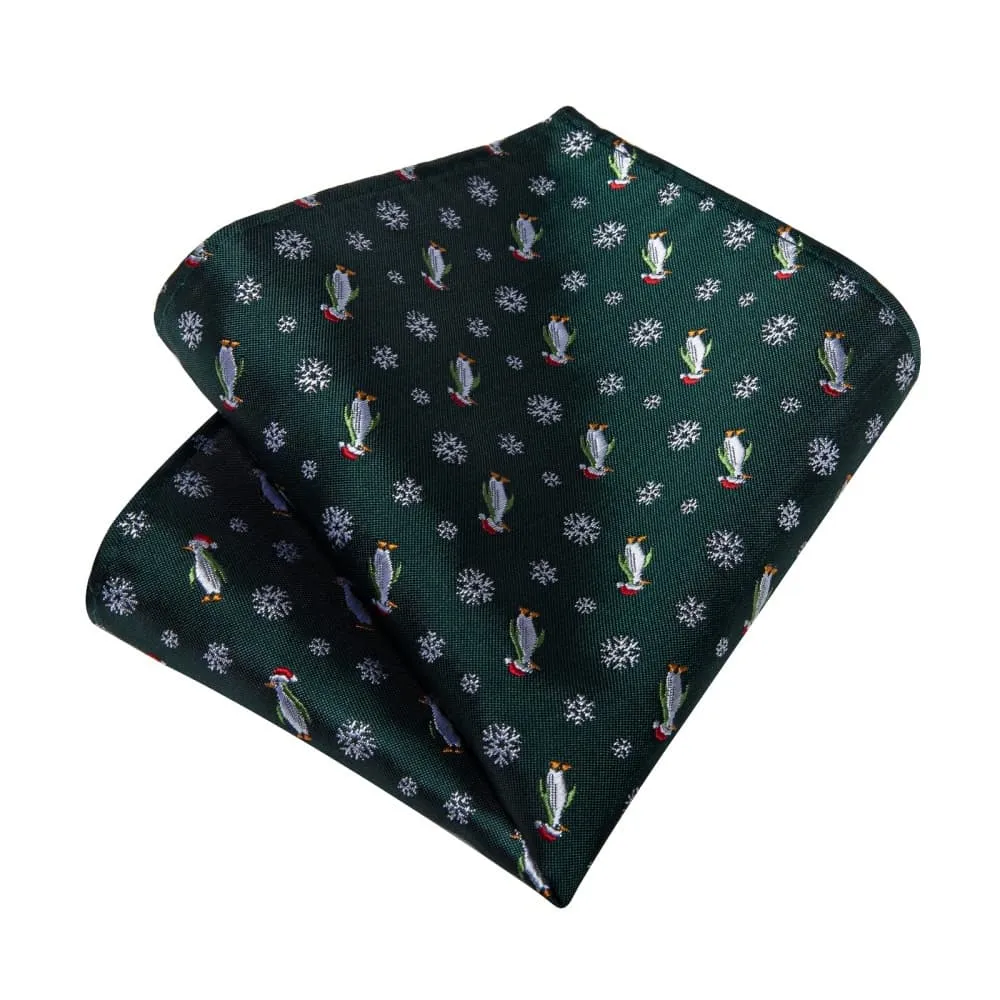 DiBanGu Green Christmas Penguins Snowflake Necktie Pocket Square Cufflinks Set