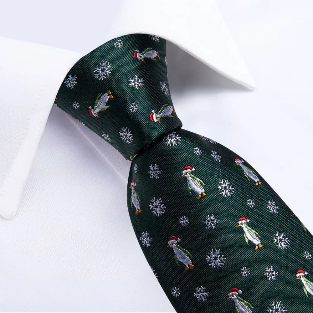 DiBanGu Green Christmas Penguins Snowflake Necktie Pocket Square Cufflinks Set