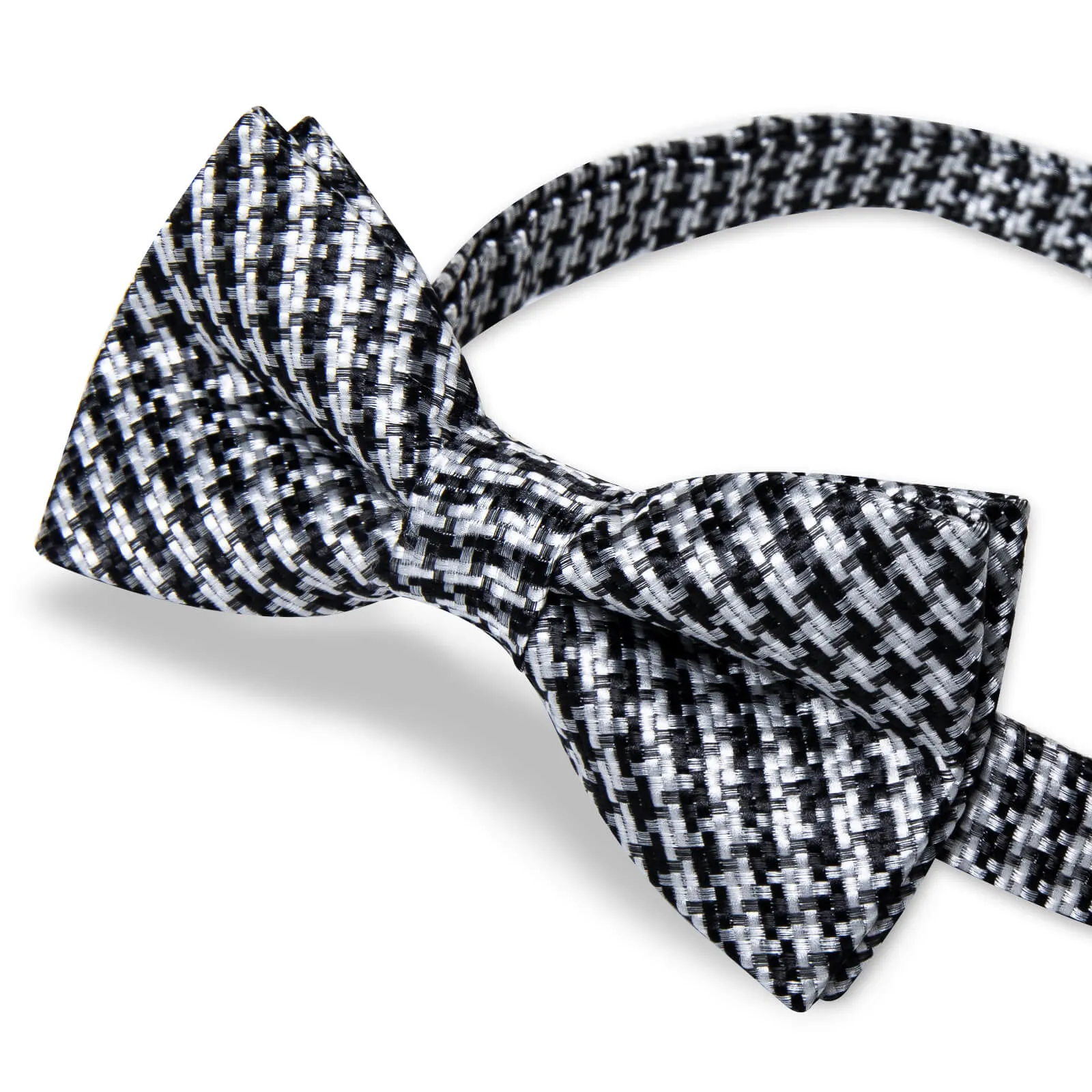 DiBanGu Kids Bow Tie Black White Woven Striped Silk Pre-Bow Tie Hanky Set